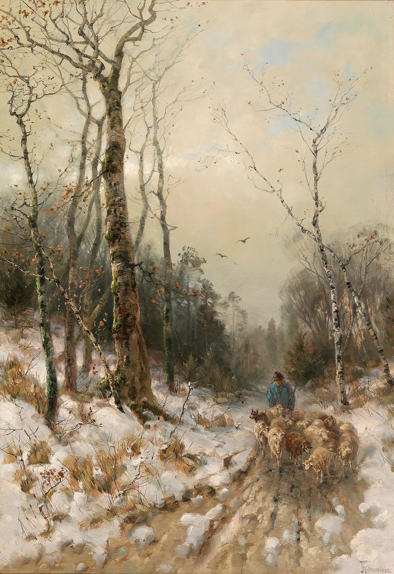 Shepherd Returning Home, óleo sobre lienzo de Désiré Thomassin, que representa a un pastor en un paisaje al atardecer.