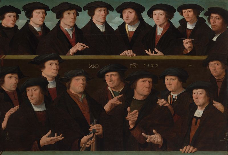 A groep of Guardsmen, oil on panel by Dirck Jacobsz, depicting a group of guardsmen in uniform.