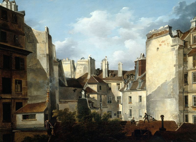 Toits de Paris de Etienne Bouhot, retratando os telhados de Paris em tons suaves, pintura a óleo