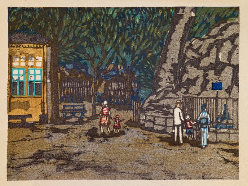 Impressão em madeira de Ueno Zoo por Onchi Kōshirō, destacando a vegetação exuberante e a luz.