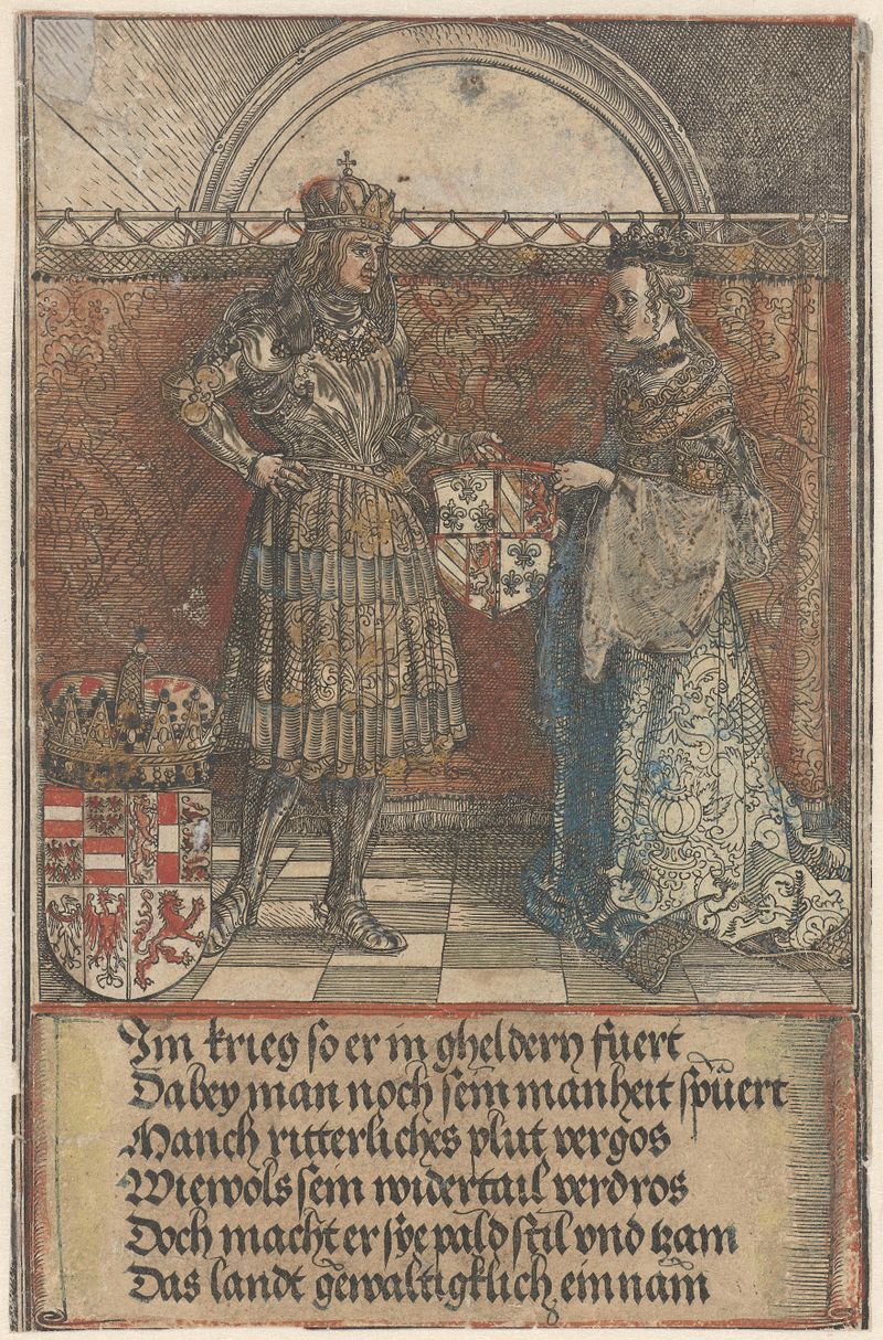 Cena histórica de Maximiliano casando-se com Maria da Borgonha, óleo de Albrecht Dürer
