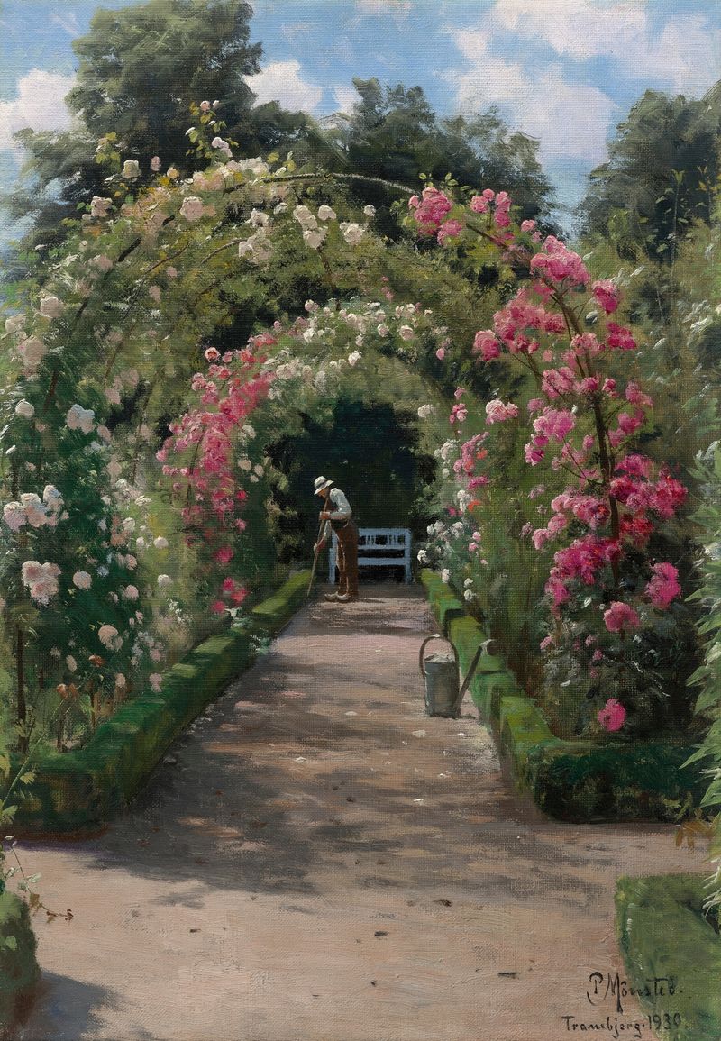 Pintura a óleo de Peder Mørk Mønsted retratando um jardim com flores e uma figura.