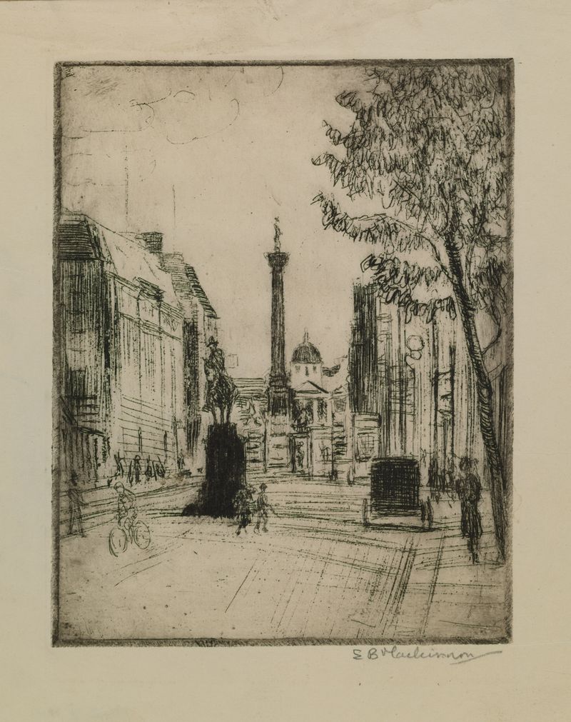 View of Trafalgar Square, oil on canvas by Esther Blaikie MacKinnon, featuring warm light and Nelson's Column.