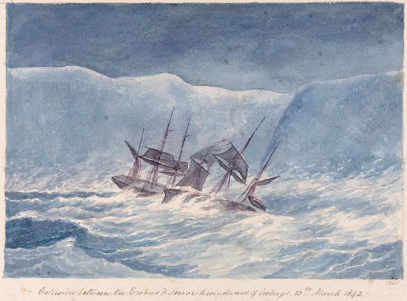 Collision Between the Erebus & Terror, óleo sobre lienzo de Charles Hamilton Smith, que representa icebergs y barcos.