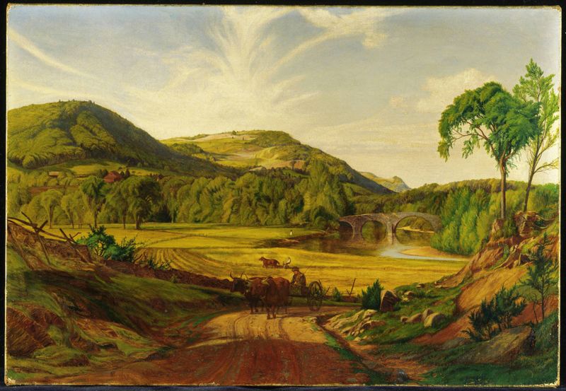 Leeds Bridge by Charles Herbert Moore, oil on canvas, depicting a serene river scene with a bridge.