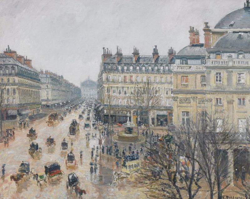 Rainy scene with figures under umbrellas, oil painting by Camille Pissarro
