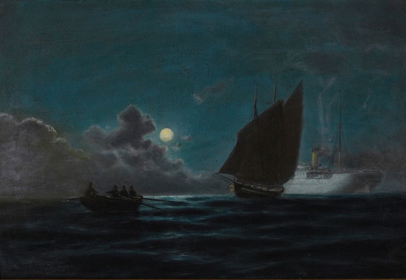 Escena marina con barcos bajo la luz de la luna, pintura al óleo de Emilios Prosalentis