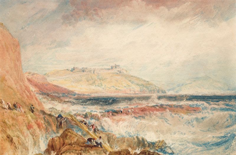 Escena marina con olas rompiendo y un naufragio de Joseph Mallord William Turner, pintura al óleo.