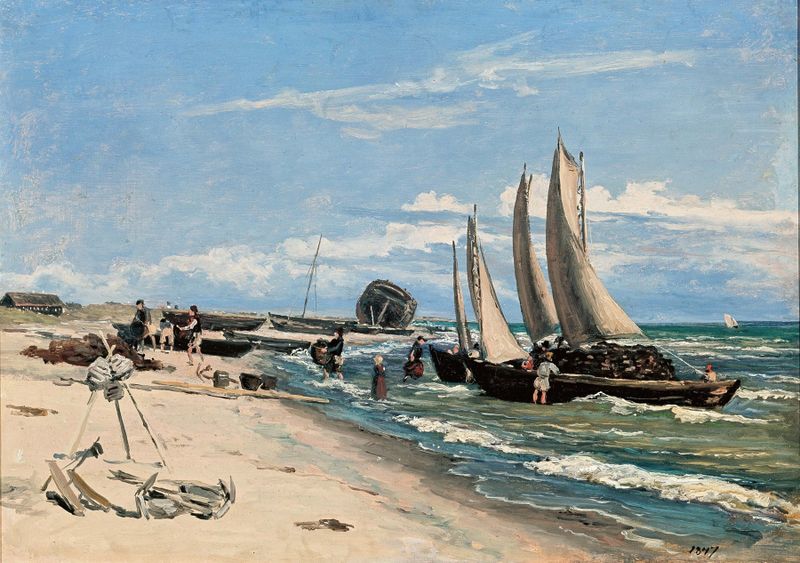 Beach at Skagen Vesterby by Martinus Rørbye, oil on canvas depicting a serene shoreline.