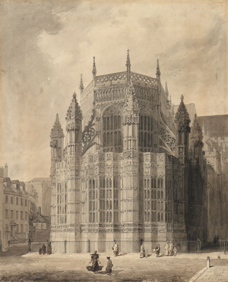 Exterior view of the Henry VII Chapel, Gothic architecture by Augustus Charles Pugin