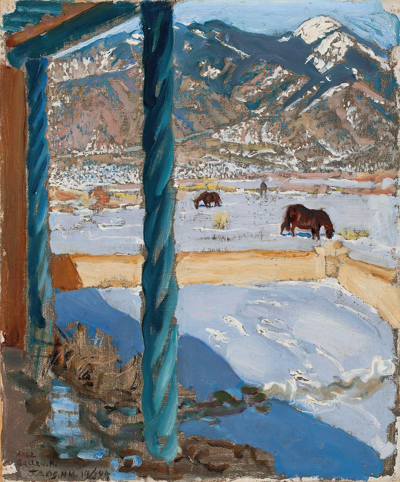 Taos Home in Sunlight, óleo sobre lienzo de Akseli Gallen-Kallela, que muestra una casa iluminada por el sol.