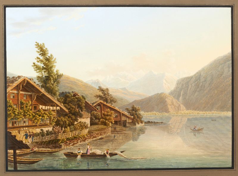 Landscape of Brienz village with shadows, oil on canvas by Heinrich Meichelt