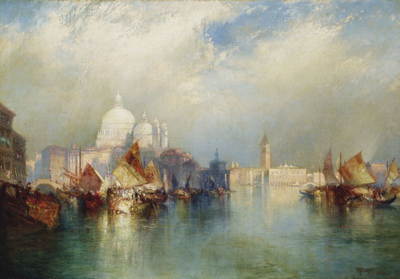 Venetian Scene de Thomas Moran, óleo sobre lienzo, que representa una góndola al atardecer