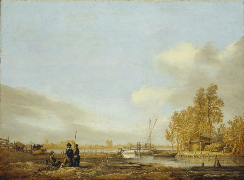 Paisagem do rio com ponte, pintura a óleo de Aelbert Cuyp