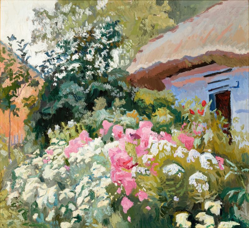 Flowers in front of a cottage, oil painting by Stanisław Kamocki