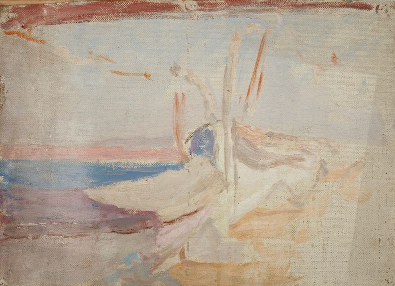 Pintura a óleo de Jan Ciągliński mostrando uma cena marinha com um barco no mar.