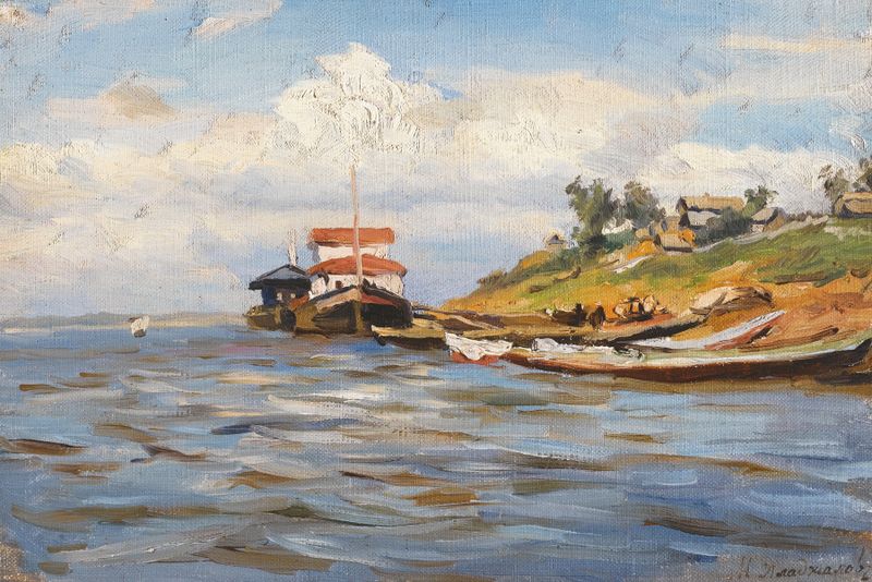 Sunny Day On The Volga, óleo sobre lienzo de Manuil Khristoforovich Aladzhalov, que representa un río con veleros.