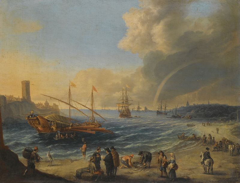 A Mediterranean harbour scene with an Ottoman barge and boats, by Cornelis De Wael, oil painting.