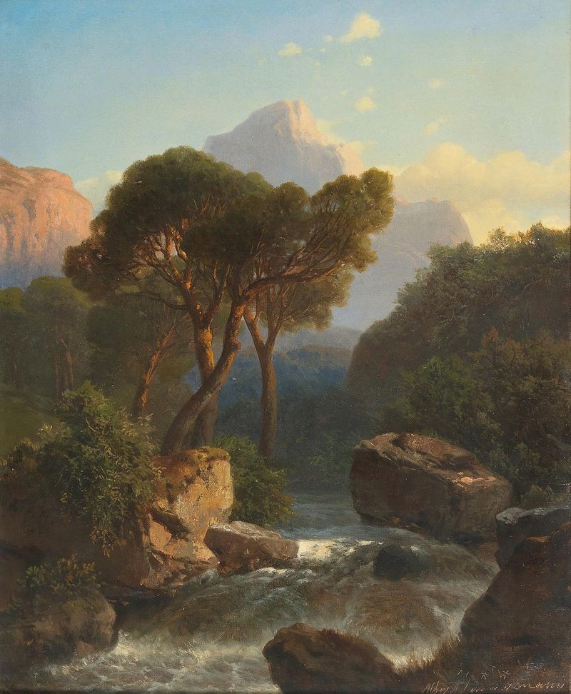 Southern Mountain Landscape de Albert Zimmermann, pintura a óleo de colinas e céu azul