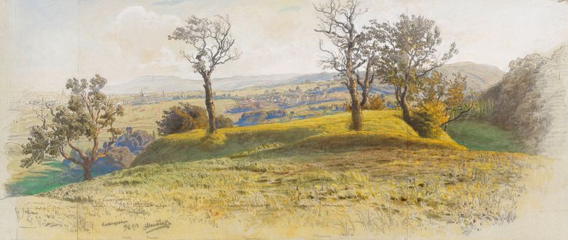 Paisagem mostrando colinas e rio na primavera de Anton Hlavacek