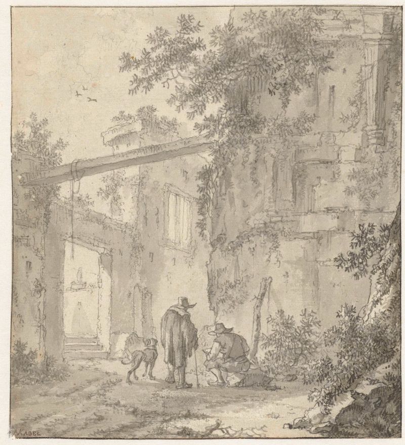 Oil painting by Adriaen van der Kabel depicting a draughtsman, companion, and dog near ancient ruins