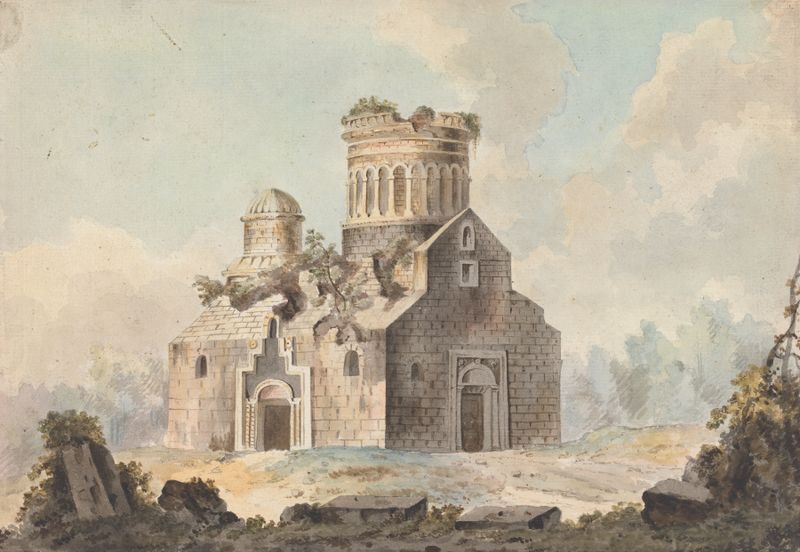 A Ruined Byzantine Church, oil on canvas by Willey Reveley, showing crumbling arches and a landscape of decay.