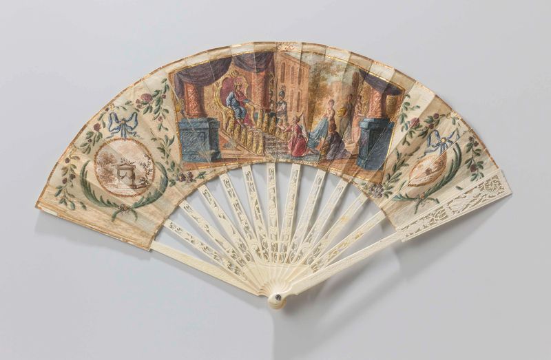 Leque de marfim com têmpera retratando o Rei Salomão e a Rainha de Sabá, artista desconhecido, 1784