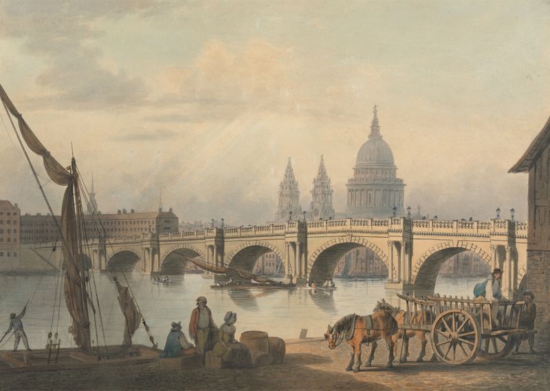 Blackfriars Bridge and St. Paul’s by Francis Nicholson, oil painting depicting a bridge over a river with a cathedral.
