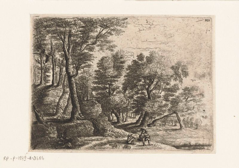 Landschap met zittende jongen en herder, etching by Philips Augustijn Immenraet