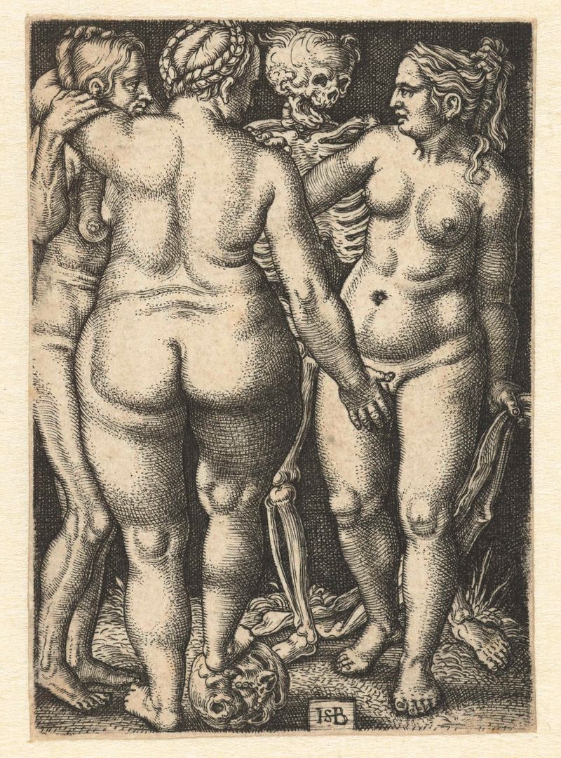 Gravura de Hans Sebald Beham de três mulheres nuas em pé em chiaroscuro
