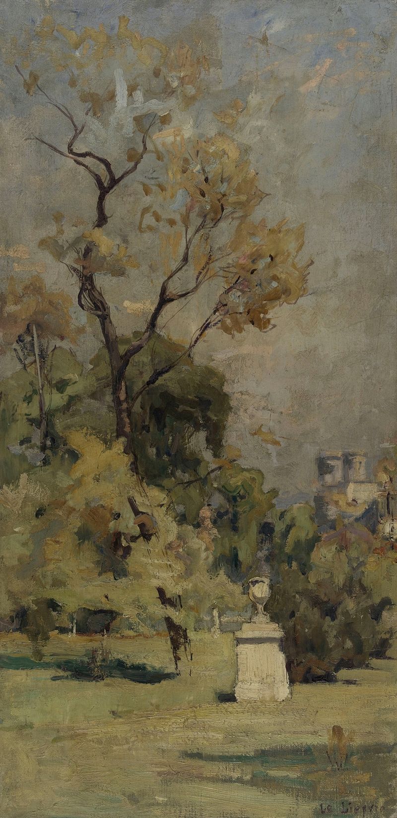 Pintura al óleo de Maurice Le Lièpvre con follaje exuberante y luz filtrada.