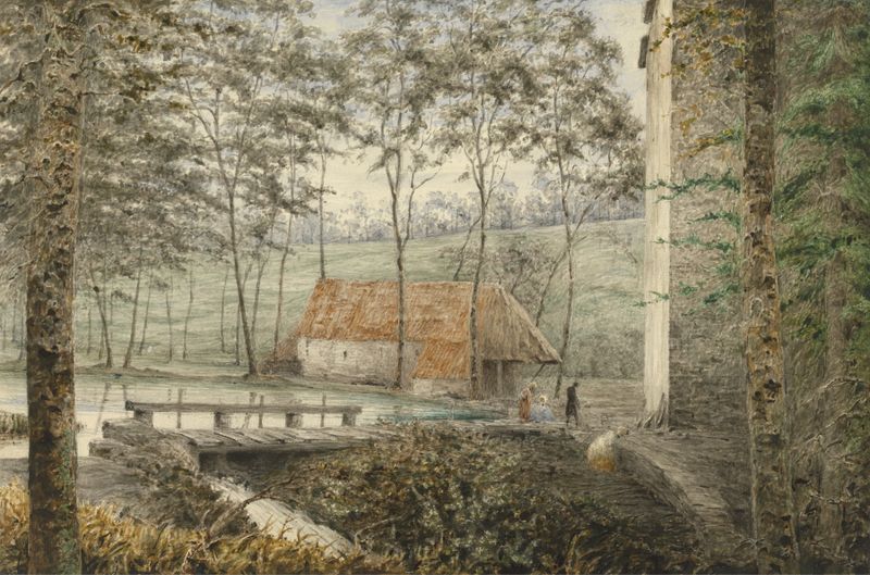 Impressionist landscape by Robert Streatfeild, depicting a mill in a wooded valley.