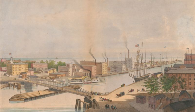 Landscape depicting the Rush St. bridge and river in Chicago, oil painting by Edwin Forbes