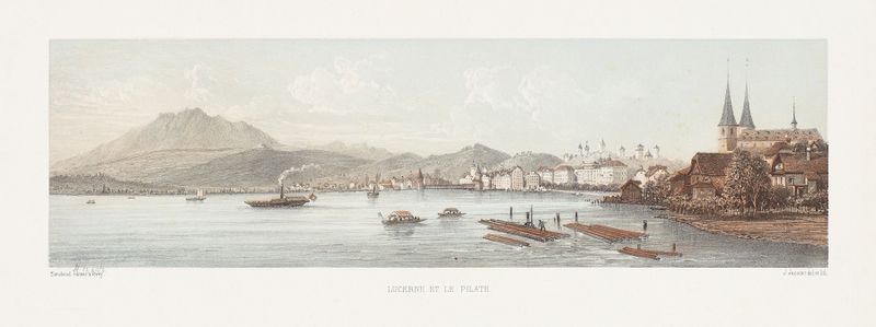Lucerne et le Pilate de Jean Jacottet, óleo sobre tela retratando um lago tranquilo e montanhas.