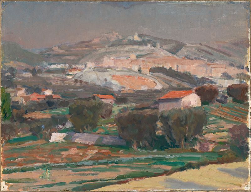 Landschaft in der Provence, óleo sobre lienzo de Ernst Benedikt Noether, que representa colinas iluminadas por el sol y ri...