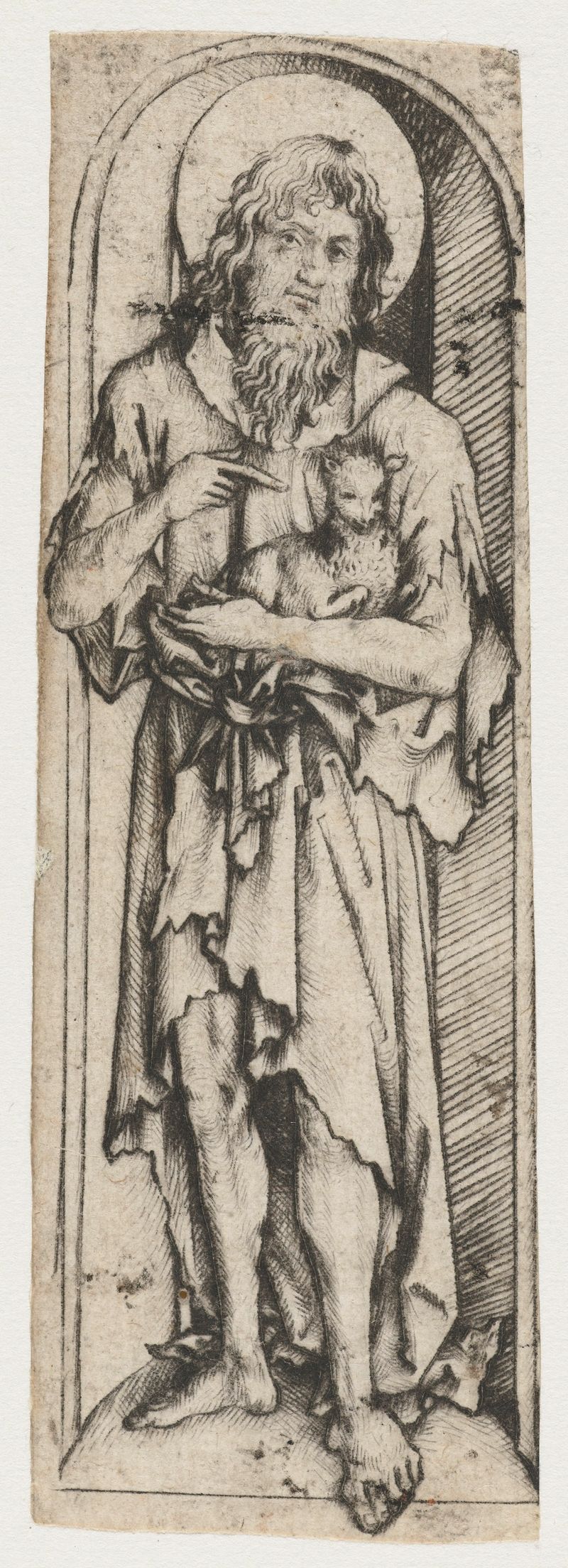 Johannes de Doper, punta seca de Meester van het Amsterdamse Kabinet, con un santo en túnicas.