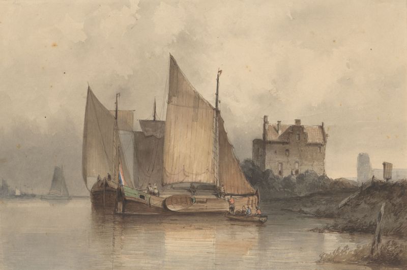 Riviergezicht met een zeilschip by Antonie Waldorp, oil painting depicting a river with a sailboat.
