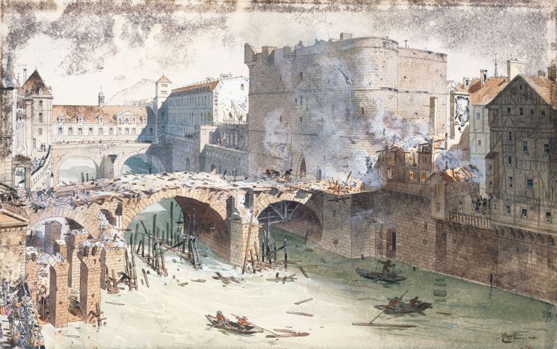 Le Petit-Pont et le Petit-Châtelet après l’incendie du 27 avril 1718 de Fédor Hoffbauer, meio desconhecido