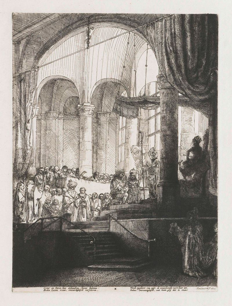 Gravura de Rembrandt van Rijn mostrando Medeia confrontando Jasão e Creusa
