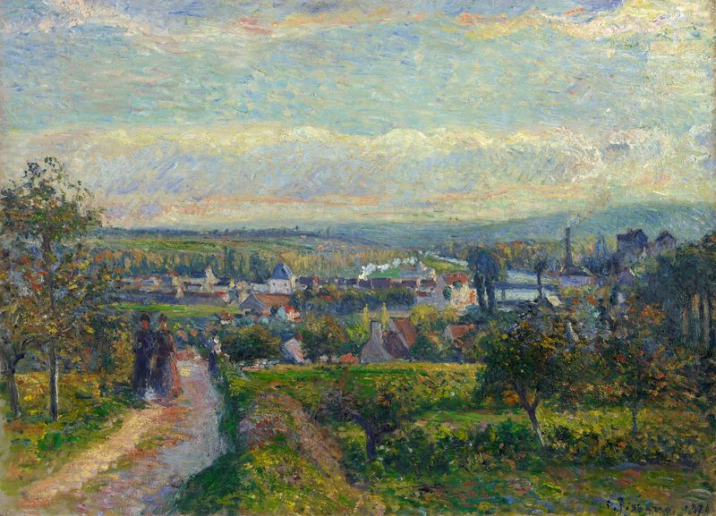 Paisagem de campos de trigo com árvores e um caminho, pintura a óleo de Camille Pissarro