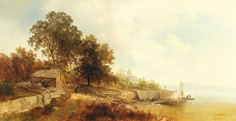 Paisaje de Blick auf Frauenchiemsee de Josef Thoma, óleo sobre lienzo, con un lago tranquilo y montañas distantes.