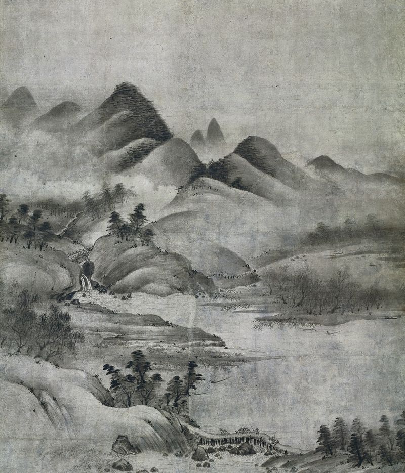 Paisaje de Sōami, que representa montañas y un río en tonos tierra, medio Ukiyo-e.