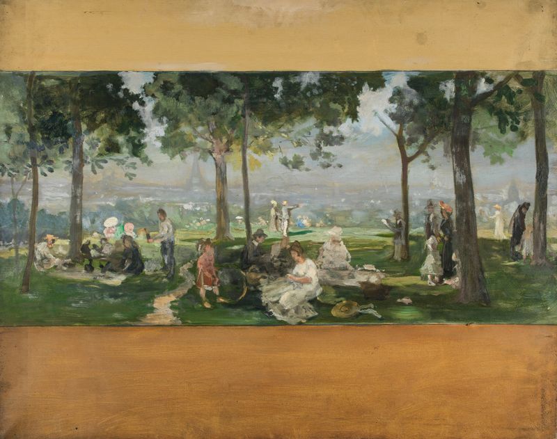 Landscape oil painting by Paul Léon Felix Schmitt depicting the Parisian skyline.