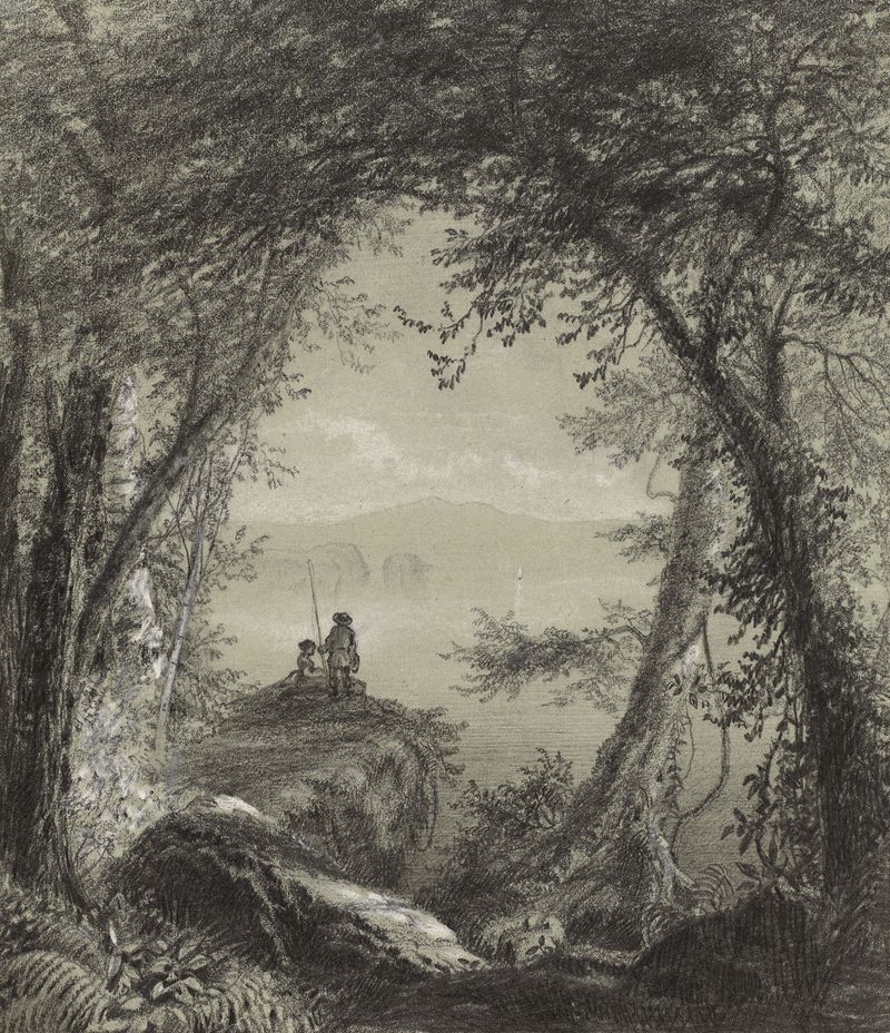 Lake George by Richard William Hubbard, oil painting depicting serene lake with trees and cliffs.