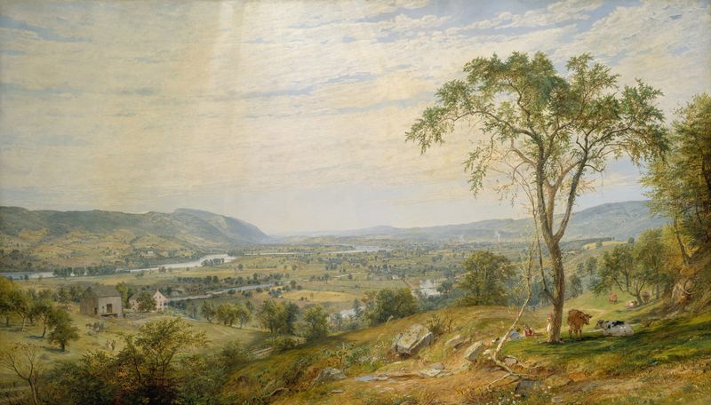 Oil painting by Jasper Francis Cropsey depicting rolling hills and an ethereal sky.