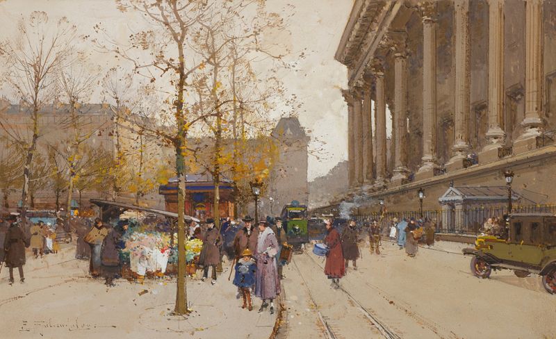 La Madeleine de Eugène Galien-Laloue, óleo sobre tela que retrata uma paisagem urbana nostálgica.