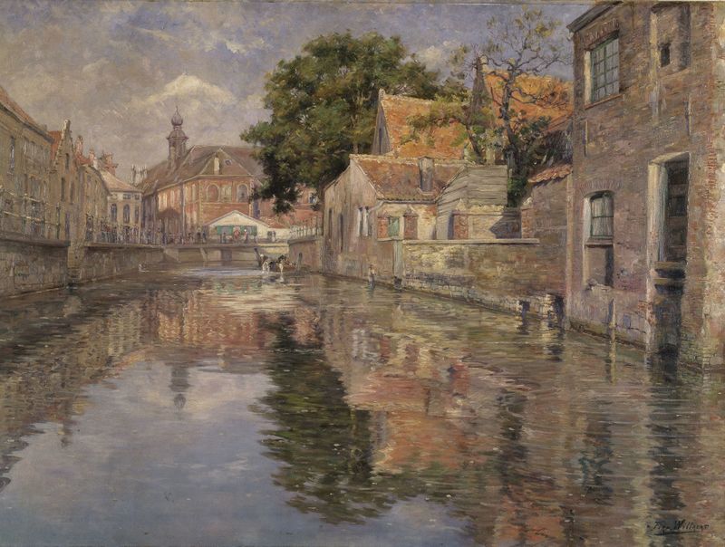 Cena marinha com barcos em água cintilante de Ferdinant Willaert, século XIX