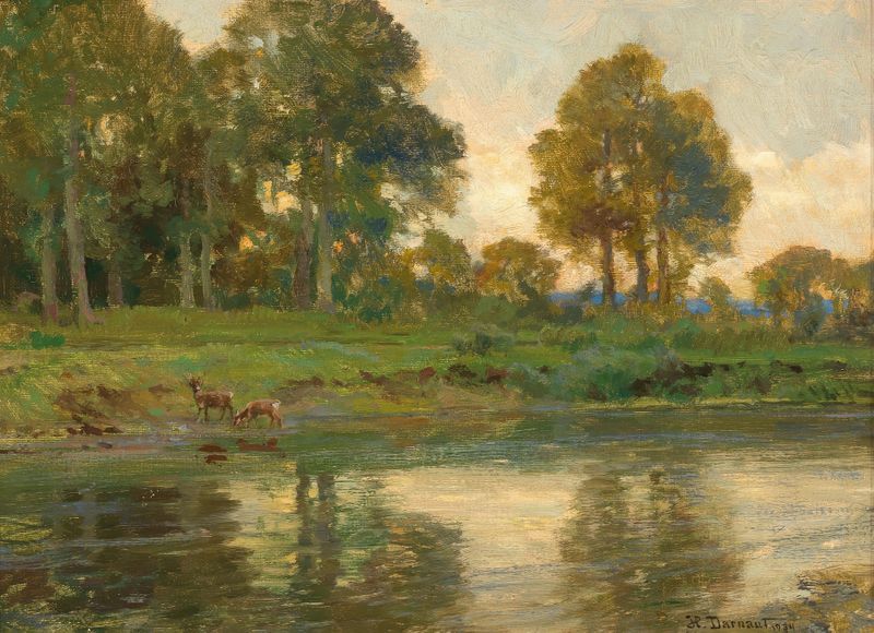 Red Deer by a Pond at Sunset, óleo sobre lienzo de Hugo Darnaut
