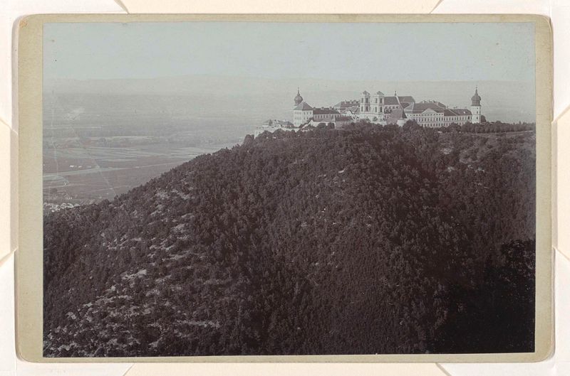 Landscape of abbey with towers under golden light, paper artwork by Franz von Prandtstetter