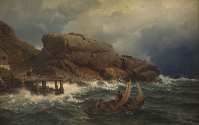 A Norwegian Seaport de Hans Gude, óleo sobre lienzo que muestra barcos en un puerto al atardecer.